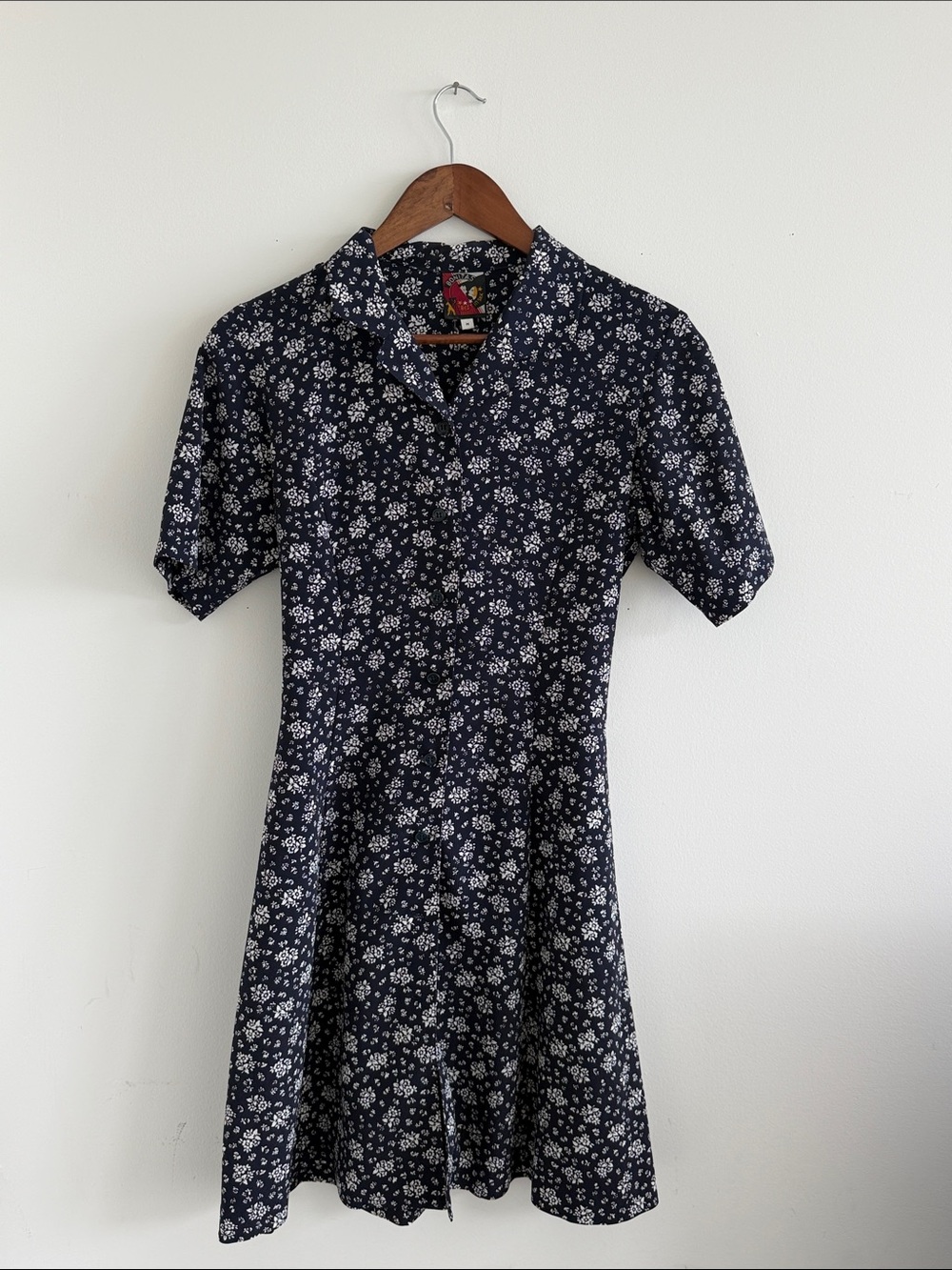 90s Navy Floral Collared Short Sleeve Dress